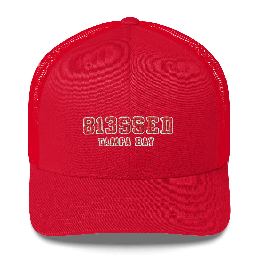 813SSED red on red trucker cap