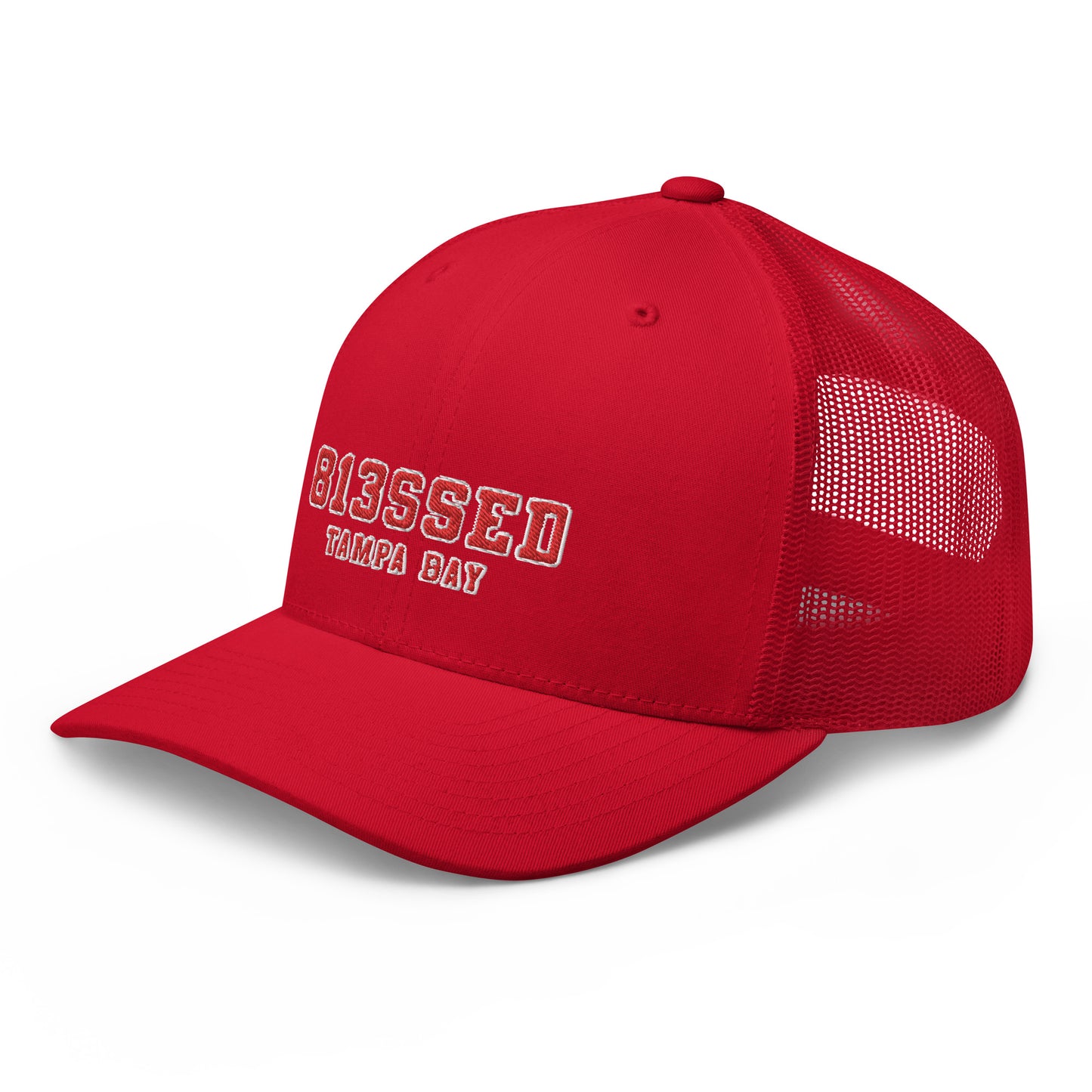 813SSED red on red trucker cap
