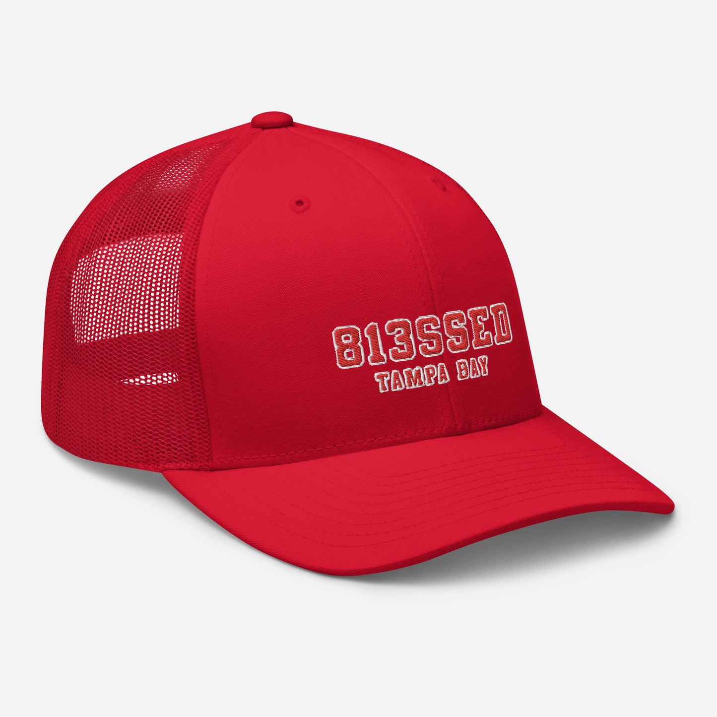 813SSED red on red trucker cap