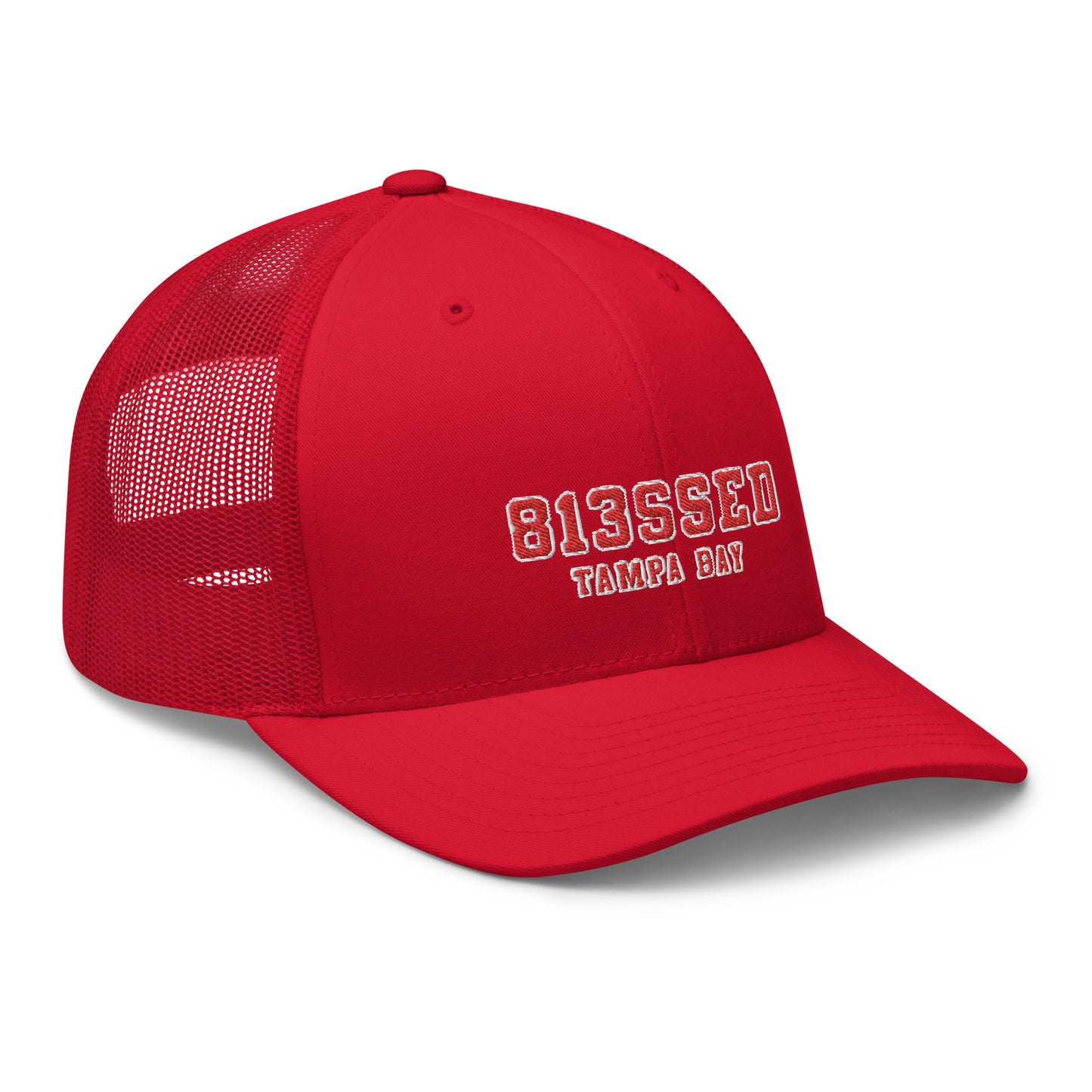 813SSED red on red trucker cap