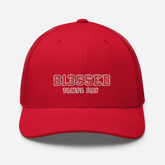 813SSED red on red trucker cap